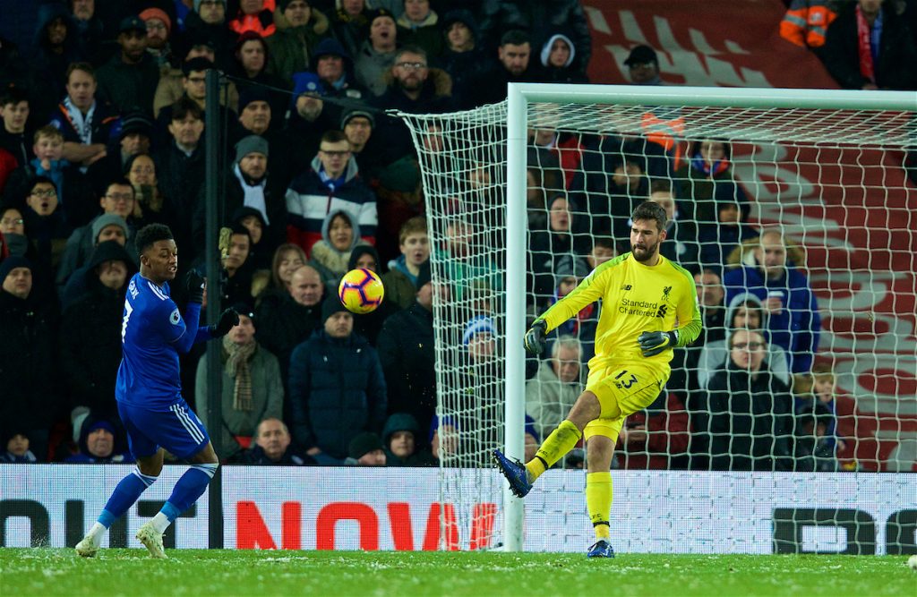 LIVERPOOL, ENGLAND - Wednesday, January 30, 2019: Liverpool's goalkeeper Alisson Becker during the FA Premier League match between Liverpool FC and Leicester City FC at Anfield. (Pic by David Rawcliffe/Propaganda)