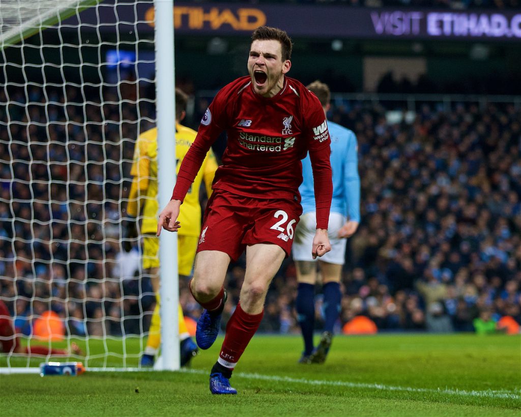 MANCHESTER, ENGLAND - Thursday, January 3, 2019: Liverpool's Andy Robertson celebrates his side first equalising goal during the FA Premier League match between Manchester City FC and Liverpool FC at the Etihad Stadium. (Pic by David Rawcliffe/Propaganda)