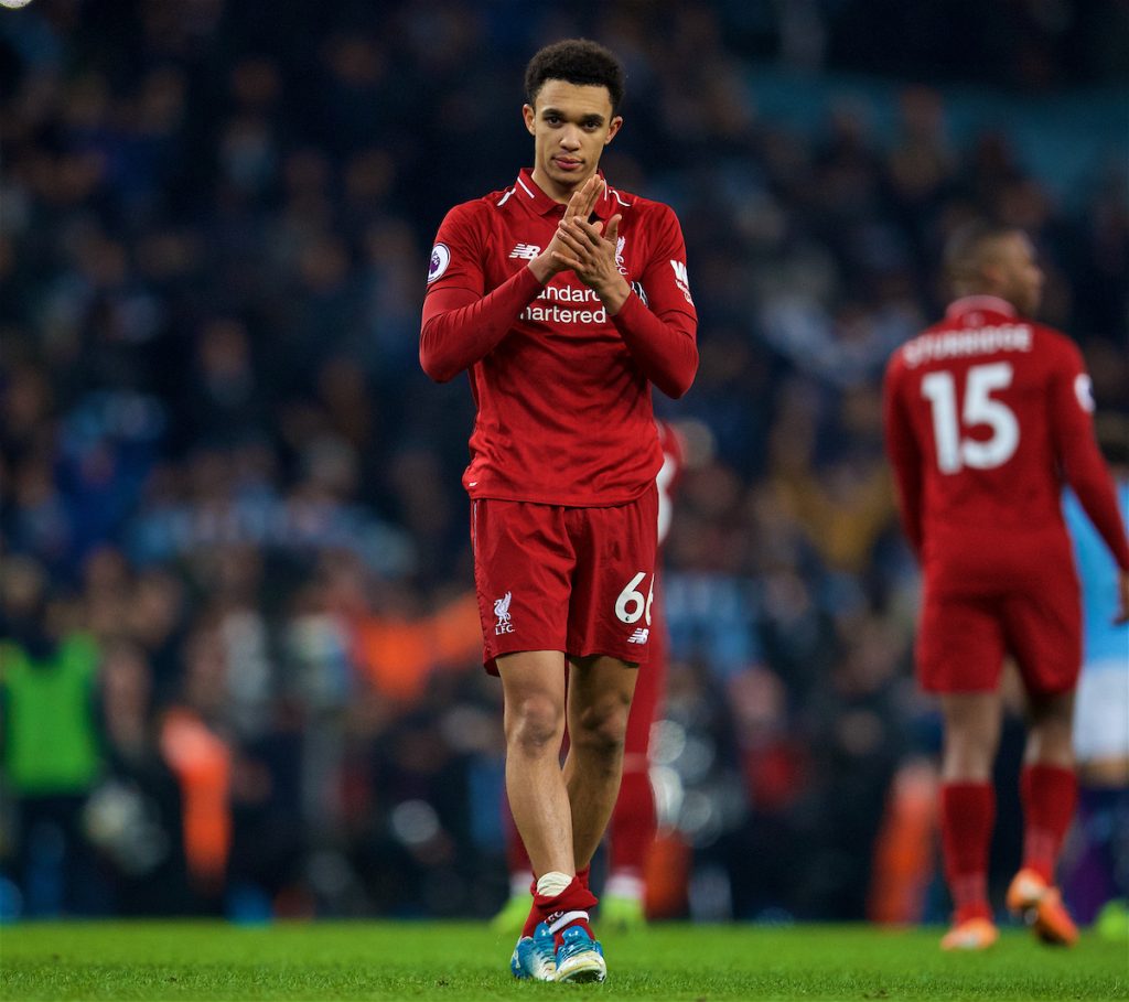 MANCHESTER, ENGLAND - Thursday, January 3, 2019: Liverpool's Trent Alexander-Arnold applauds the supporters after the FA Premier League match between Manchester City FC and Liverpool FC at the Etihad Stadium. Manchester City won 2-1. (Pic by David Rawcliffe/Propaganda)