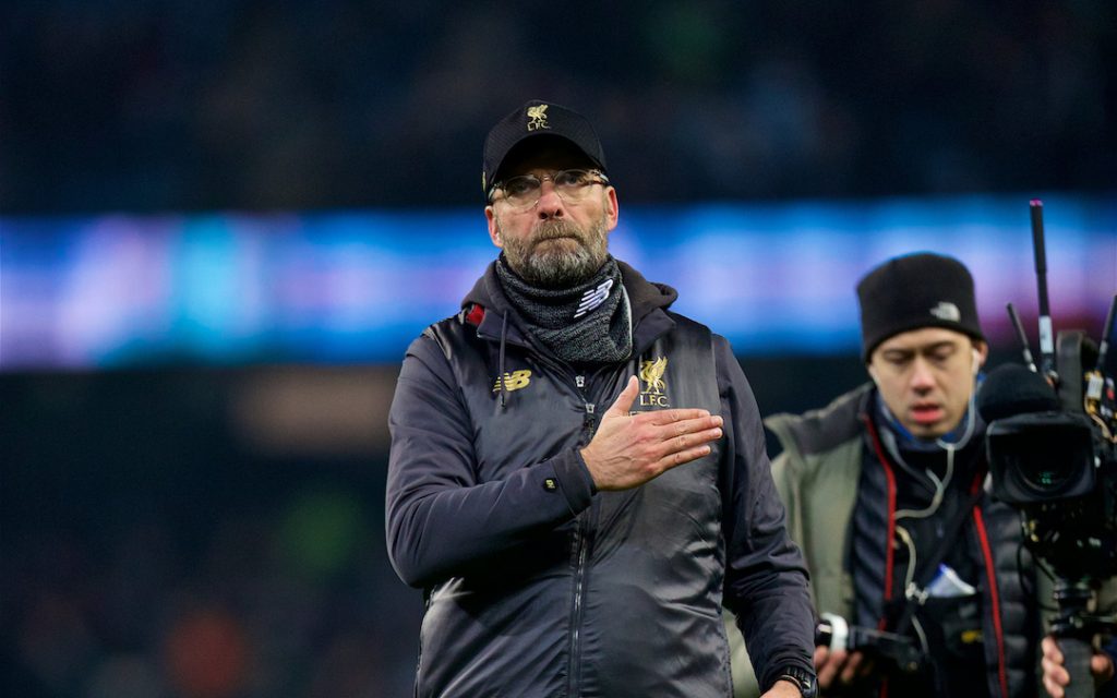 MANCHESTER, ENGLAND - Thursday, January 3, 2019: Liverpool's manager J¸rgen Klopp gestures to the supporters after the FA Premier League match between Manchester City FC and Liverpool FC at the Etihad Stadium. (Pic by David Rawcliffe/Propaganda)