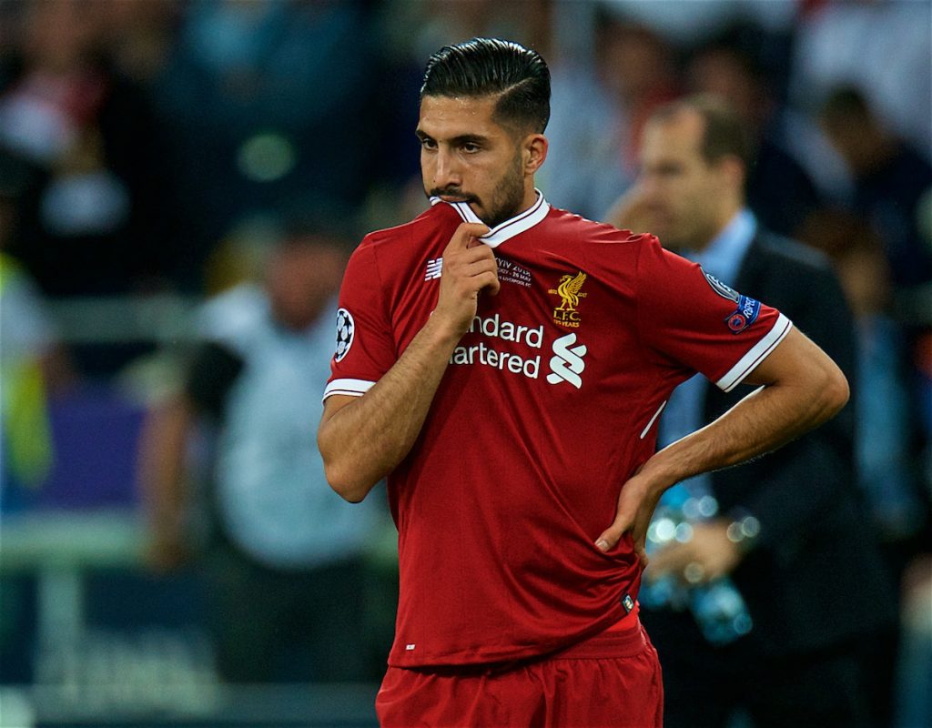 KIEV, UKRAINE - Saturday, May 26, 2018: Liverpool's Emre Can looks dejected after the UEFA Champions League Final match between Real Madrid CF and Liverpool FC at the NSC Olimpiyskiy. Real Madrid won 3-1. (Pic by Peter Powell/Propaganda)