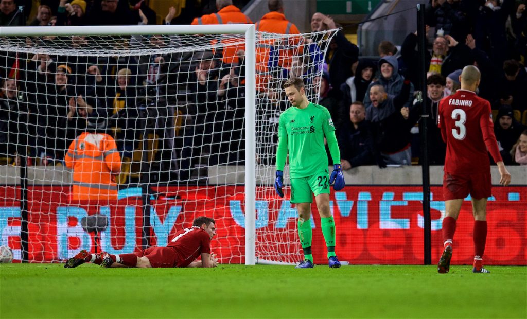 WOLVERHAMPTON, ENGLAND - Monday, January 7, 2019: Liverpool's captain James Milner (L) and goalkeeper Simon Mignolet look dejected as Wolverhampton Wanderers scored the first goal during the FA Cup 3rd Round match between Wolverhampton Wanderers FC and Liverpool FC at Molineux Stadium. (Pic by David Rawcliffe/Propaganda)