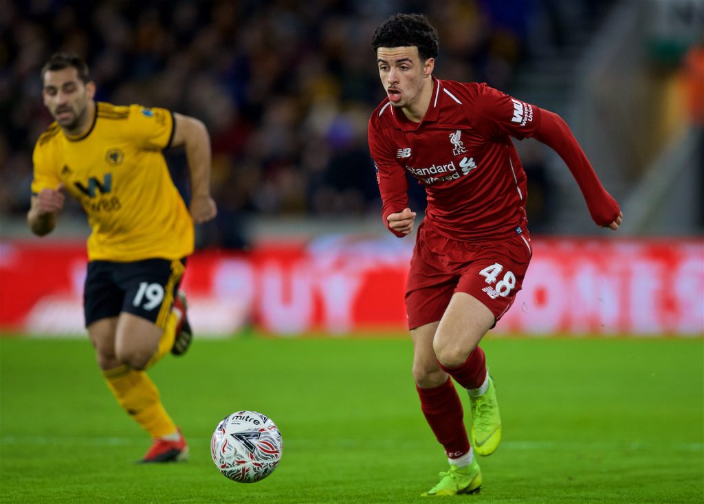 WOLVERHAMPTON, ENGLAND - Monday, January 7, 2019: Liverpool's Curtis Jones during the FA Cup 3rd Round match between Wolverhampton Wanderers FC and Liverpool FC at Molineux Stadium. (Pic by David Rawcliffe/Propaganda)
