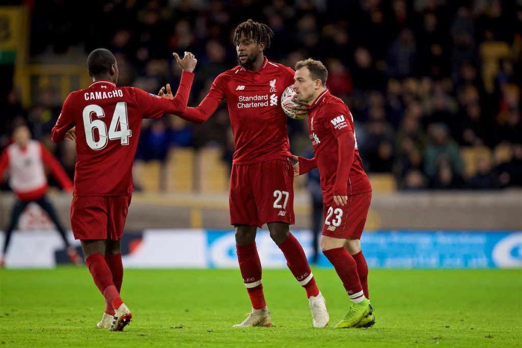 WOLVERHAMPTON, ENGLAND - Monday, January 7, 2019: Liverpool's Divock Origi (C) celebrates scoring the first goal with team-mates Rafael Camacho (L) and Sheridan Shaqiri (R) during the FA Cup 3rd Round match between Wolverhampton Wanderers FC and Liverpool FC at Molineux Stadium. (Pic by David Rawcliffe/Propaganda)