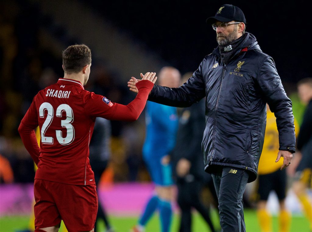 WOLVERHAMPTON, ENGLAND - Monday, January 7, 2019: Liverpool's manager Jürgen Klopp shake hands with Xherdan Shaqiri after the FA Cup 3rd Round match between Wolverhampton Wanderers FC and Liverpool FC at Molineux Stadium. Wolverhampton Wanderers won 2-1. (Pic by David Rawcliffe/Propaganda)