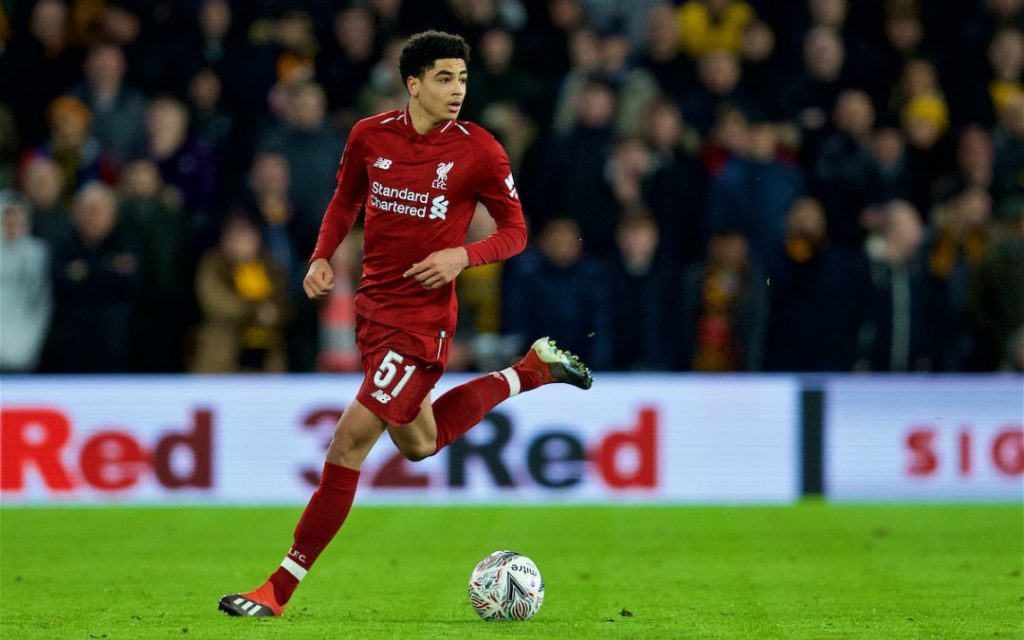 WOLVERHAMPTON, ENGLAND - Monday, January 7, 2019: Liverpool's Ki-Jana Hoever during the FA Cup 3rd Round match between Wolverhampton Wanderers FC and Liverpool FC at Molineux Stadium. (Pic by David Rawcliffe/Propaganda)