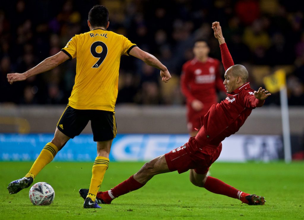 WOLVERHAMPTON, ENGLAND - Monday, January 7, 2019: Wolverhampton Wanderers' Raúl Jiménez (L) and Liverpool's Fabio Henrique Tavares 'Fabinho' during the FA Cup 3rd Round match between Wolverhampton Wanderers FC and Liverpool FC at Molineux Stadium. (Pic by David Rawcliffe/Propaganda)