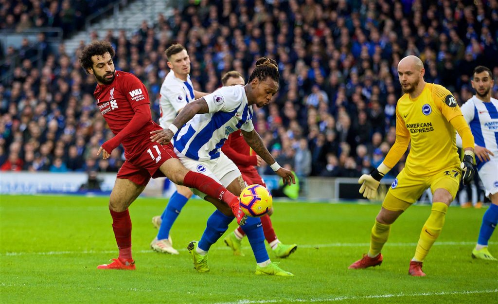 BRIGHTON AND HOVE, ENGLAND - Saturday, January 12, 2019: Liverpool's Mohamed Salah (L) and Gaëtan Bong during the FA Premier League match between Brighton & Hove Albion FC and Liverpool FC at the American Express Community Stadium. (Pic by David Rawcliffe/Propaganda)