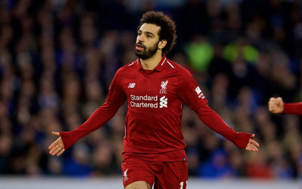 BRIGHTON AND HOVE, ENGLAND - Saturday, January 12, 2019: Liverpool's Mohamed Salah celebrates scoring the first goal from the penalty kick during the FA Premier League match between Brighton & Hove Albion FC and Liverpool FC at the American Express Community Stadium. (Pic by David Rawcliffe/Propaganda)