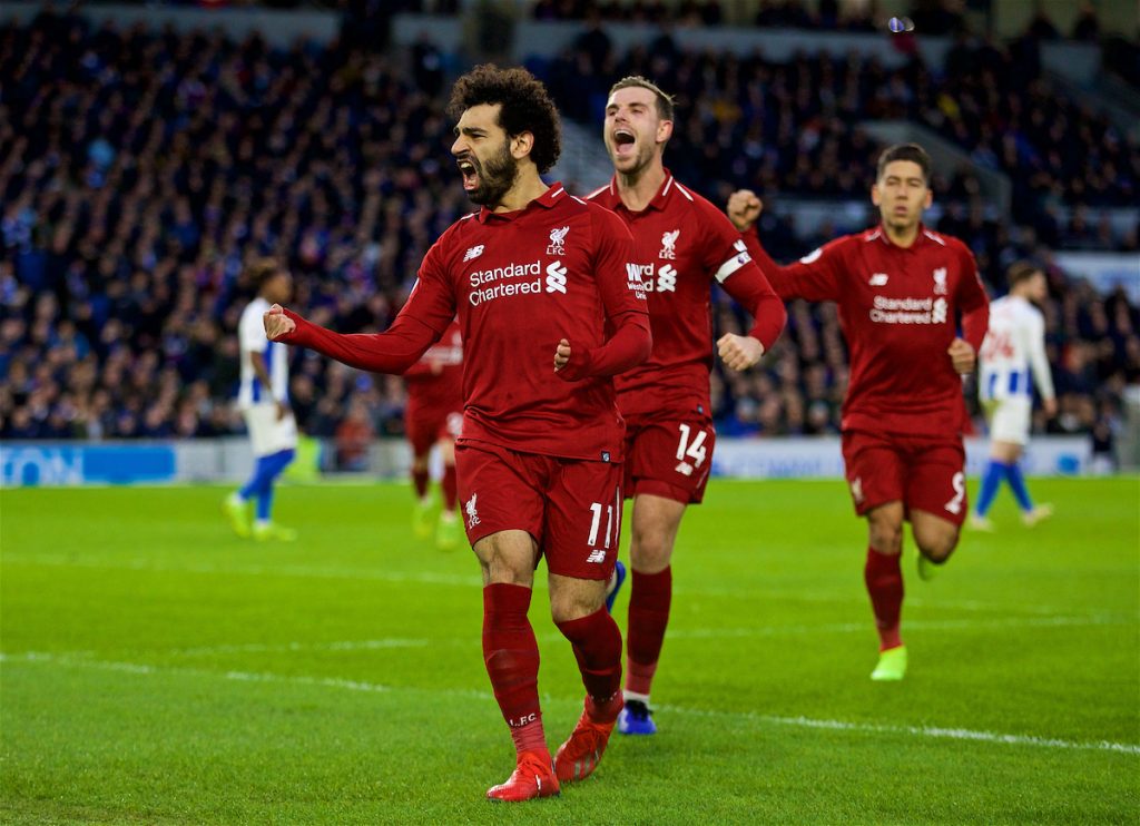 BRIGHTON AND HOVE, ENGLAND - Saturday, January 12, 2019: Liverpool's Mohamed Salah celebrates scoring the first goal from the penalty kick during the FA Premier League match between Brighton & Hove Albion FC and Liverpool FC at the American Express Community Stadium. (Pic by David Rawcliffe/Propaganda)