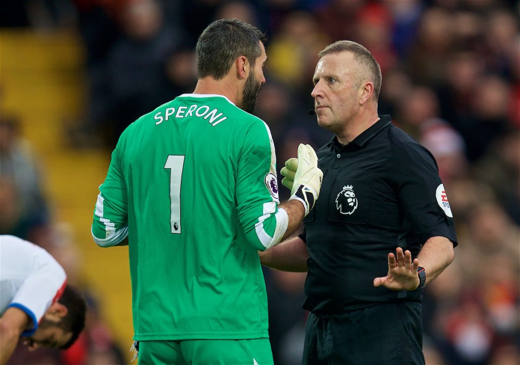 LIVERPOOL, ENGLAND - Saturday, January 19, 2019: Crystal Palace's goalkeeper Julián Speroni is spoken by referee Jonathan Moss for wasting time during the FA Premier League match between Liverpool FC and Crystal Palace FC at Anfield. (Pic by David Rawcliffe/Propaganda)