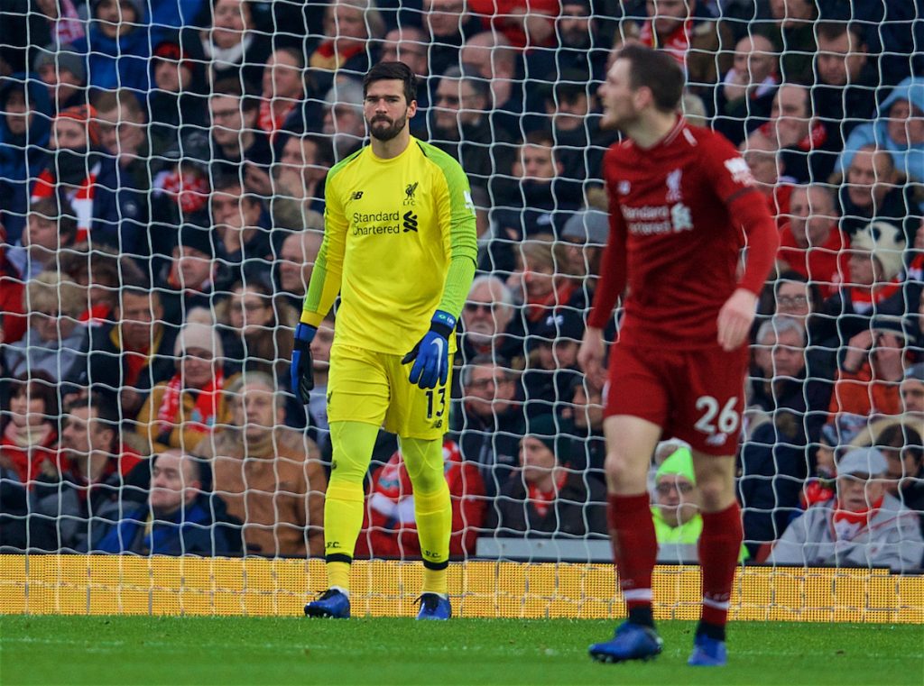 LIVERPOOL, ENGLAND - Saturday, January 19, 2019: Liverpool's goalkeeper Alisson Becker looks dejected as Crystal Palace score the opening goal during the FA Premier League match between Liverpool FC and Crystal Palace FC at Anfield. (Pic by David Rawcliffe/Propaganda)