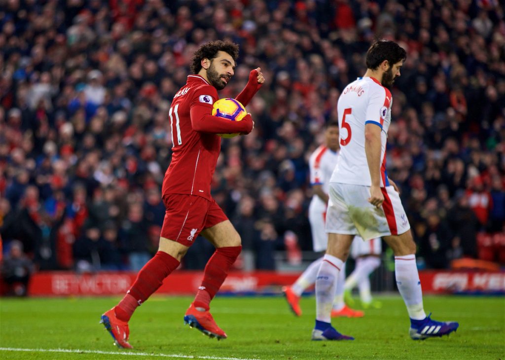 LIVERPOOL, ENGLAND - Saturday, January 19, 2019: Liverpool's Mohamed Salah celebrates scoring the first goal during the FA Premier League match between Liverpool FC and Crystal Palace FC at Anfield. (Pic by David Rawcliffe/Propaganda)