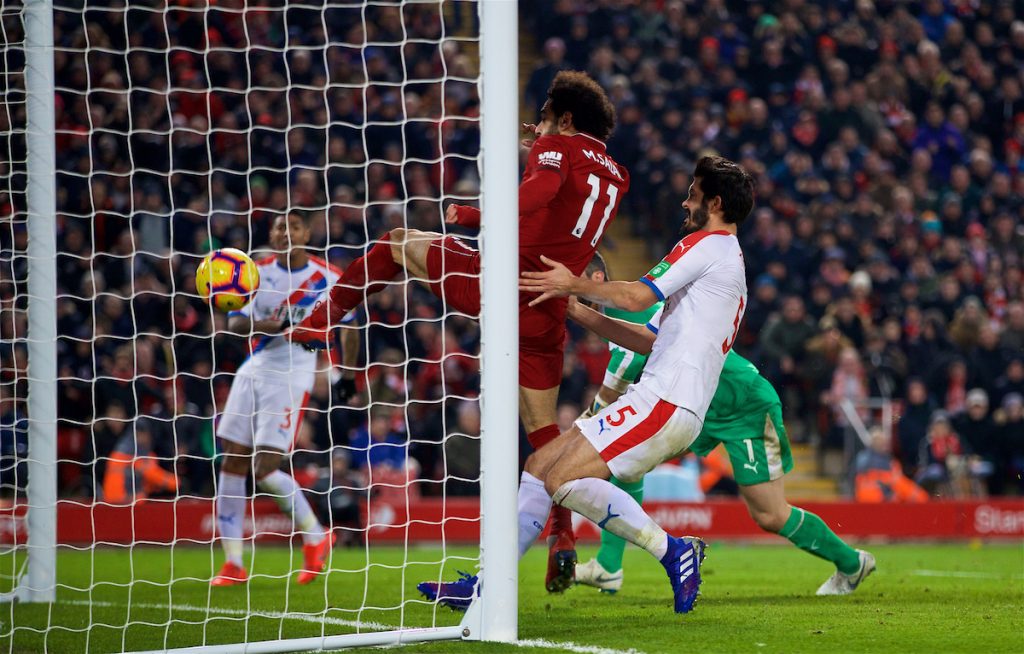 LIVERPOOL, ENGLAND - Saturday, January 19, 2019: Liverpool's Mohamed Salah scores the third goal during the FA Premier League match between Liverpool FC and Crystal Palace FC at Anfield. (Pic by David Rawcliffe/Propaganda)