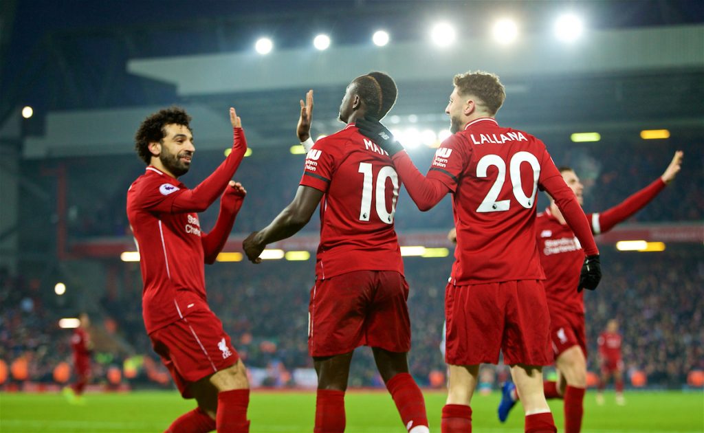 LIVERPOOL, ENGLAND - Saturday, January 19, 2019: Liverpool's Sadio Mane (#10) celebrates scoring the fourth goal with team-mates Mohamed Salah (L) and Adam Lallana (R) during the FA Premier League match between Liverpool FC and Crystal Palace FC at Anfield. (Pic by David Rawcliffe/Propaganda)