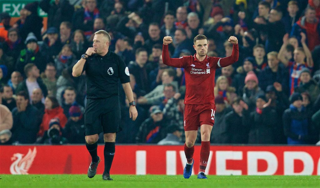 LIVERPOOL, ENGLAND - Saturday, January 19, 2019: Liverpool's captain Jordan Henderson celebrates as referee Jonathan Moss blows the final whilst to seal a 4-3 victory for Liverpool during the FA Premier League match between Liverpool FC and Crystal Palace FC at Anfield. (Pic by David Rawcliffe/Propaganda)