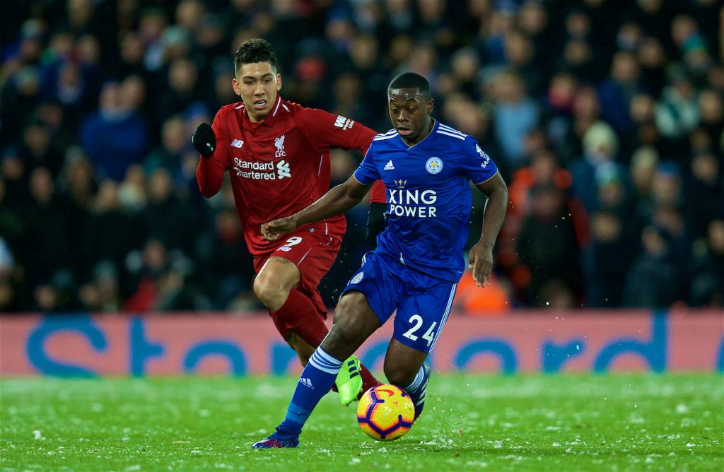 LIVERPOOL, ENGLAND - Wednesday, January 30, 2019: Liverpool's Roberto Firmino (L) and Leicester City's Nampalys Mendy during the FA Premier League match between Liverpool FC and Leicester City FC at Anfield. (Pic by David Rawcliffe/Propaganda)