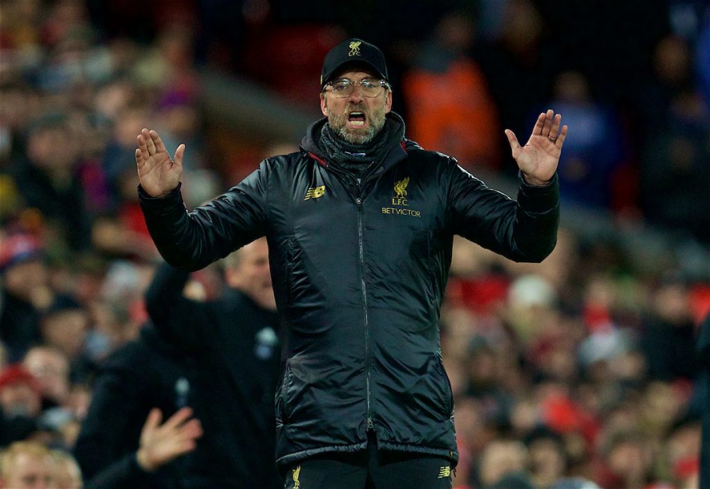 LIVERPOOL, ENGLAND - Wednesday, January 30, 2019: Liverpool's manager Jürgen Klopp reacts as Leicester City scored the first equalising goal during the FA Premier League match between Liverpool FC and Leicester City FC at Anfield. (Pic by David Rawcliffe/Propaganda)