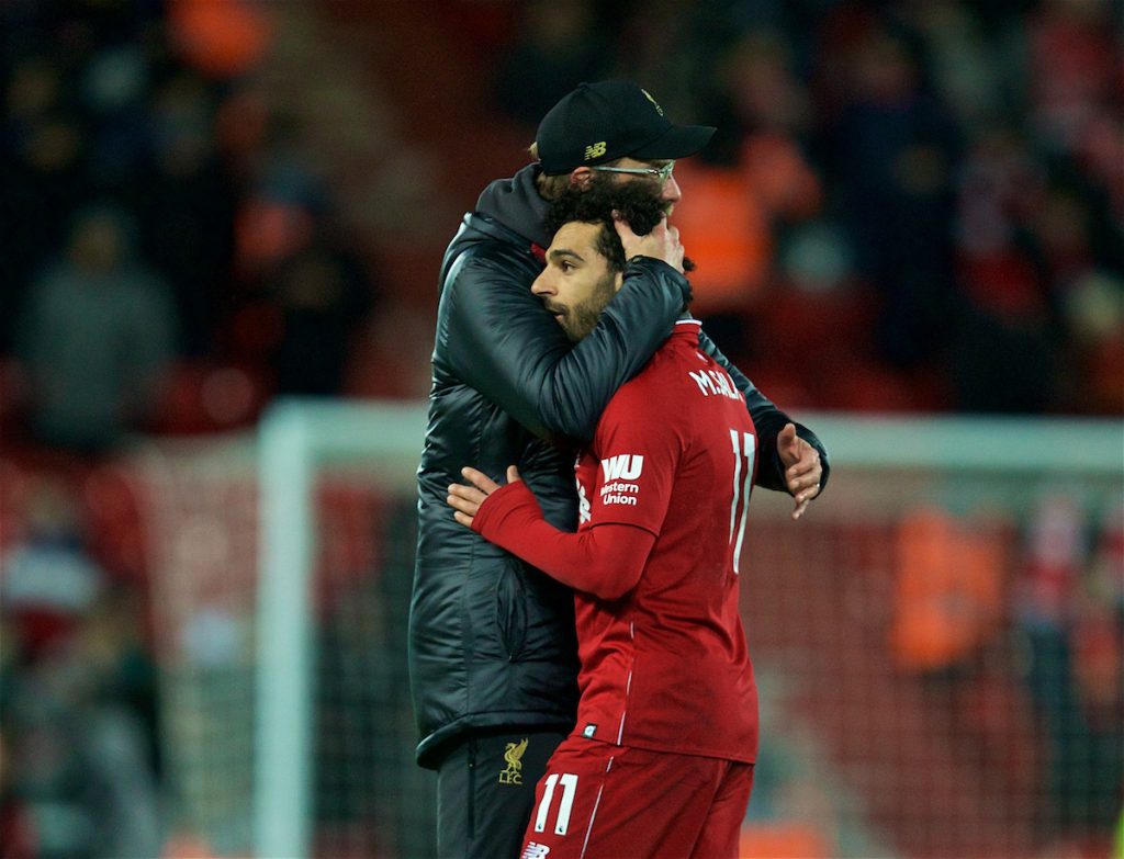 LIVERPOOL, ENGLAND - Wednesday, January 30, 2019: Liverpool's Mohamed Salah is embraced by manager Jürgen Klopp after during the FA Premier League match between Liverpool FC and Leicester City FC at Anfield. The game ended in a 1-1 draw. (Pic by David Rawcliffe/Propaganda)