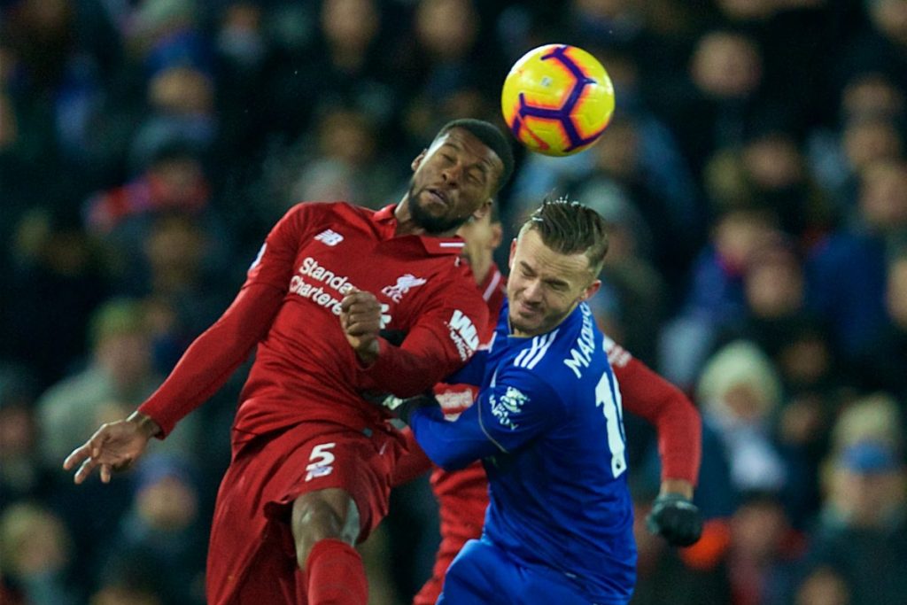 LIVERPOOL, ENGLAND - Wednesday, January 30, 2019: Liverpool's Georginio Wijnaldum and Leicester City's James Maddison during the FA Premier League match between Liverpool FC and Leicester City FC at Anfield. (Pic by David Rawcliffe/Propaganda)