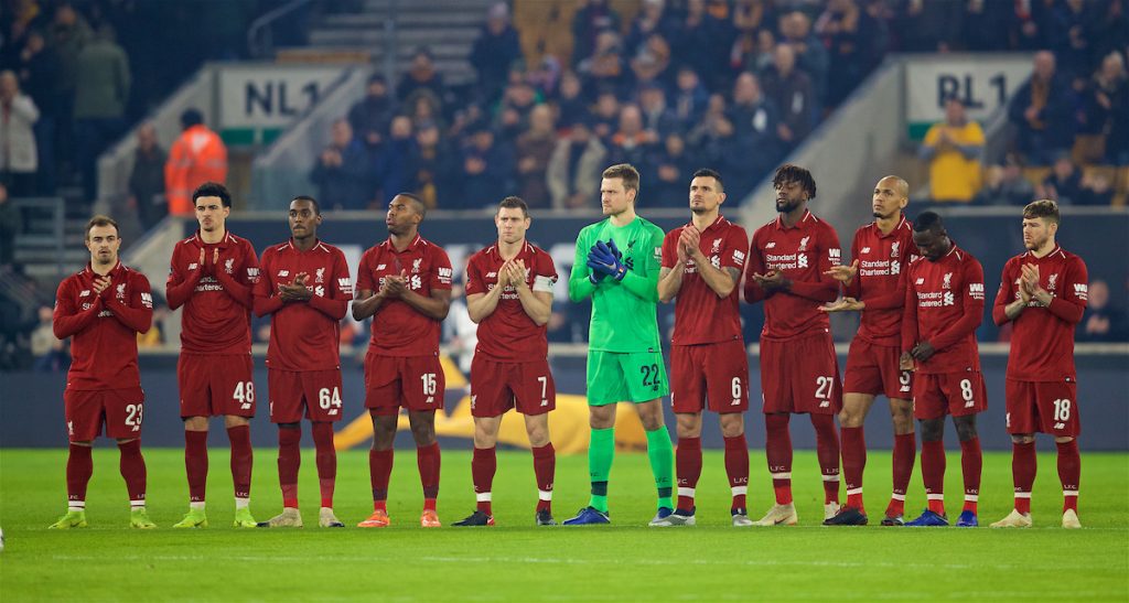 WOLVERHAMPTON, ENGLAND - Monday, January 7, 2019: Liverpool players stand for a minute's applause for former Wolverhampton Wanderers player Bill Slater before the FA Cup 3rd Round match between Wolverhampton Wanderers FC and Liverpool FC at Molineux Stadium. (Pic by David Rawcliffe/Propaganda)