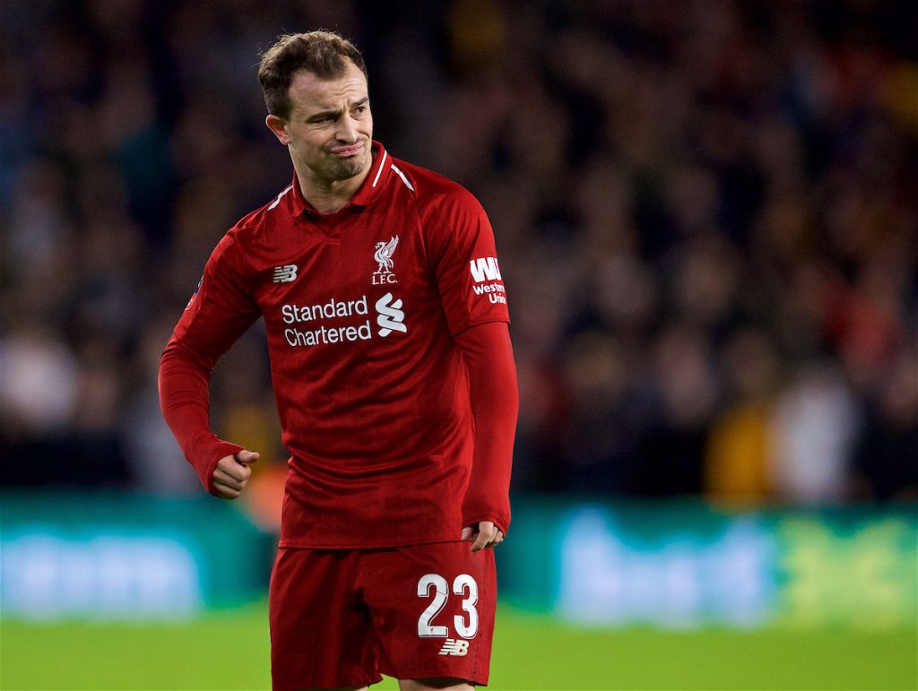 WOLVERHAMPTON, ENGLAND - Monday, January 7, 2019: Liverpool's Sheridan Shaqiri looks dejected after his free-kick is saved during the FA Cup 3rd Round match between Wolverhampton Wanderers FC and Liverpool FC at Molineux Stadium. (Pic by David Rawcliffe/Propaganda)