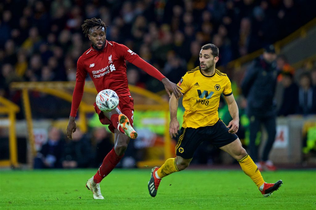 WOLVERHAMPTON, ENGLAND - Monday, January 7, 2019: Liverpool's Divock Origi during the FA Cup 3rd Round match between Wolverhampton Wanderers FC and Liverpool FC at Molineux Stadium. (Pic by David Rawcliffe/Propaganda)