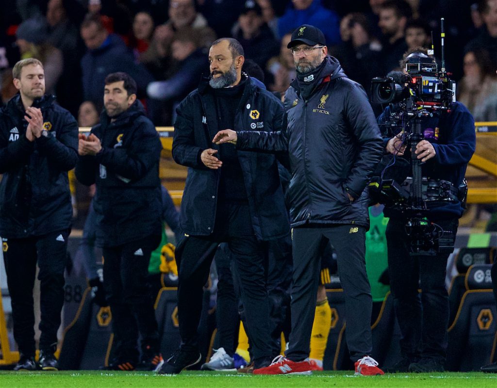 WOLVERHAMPTON, ENGLAND - Monday, January 7, 2019: Liverpool's manager Jürgen Klopp (R) and Wolverhampton Wanderers' head coach Nuno Espírito Santo after the FA Cup 3rd Round match between Wolverhampton Wanderers FC and Liverpool FC at Molineux Stadium. Wolverhampton Wanderers won 2-1. (Pic by David Rawcliffe/Propaganda)