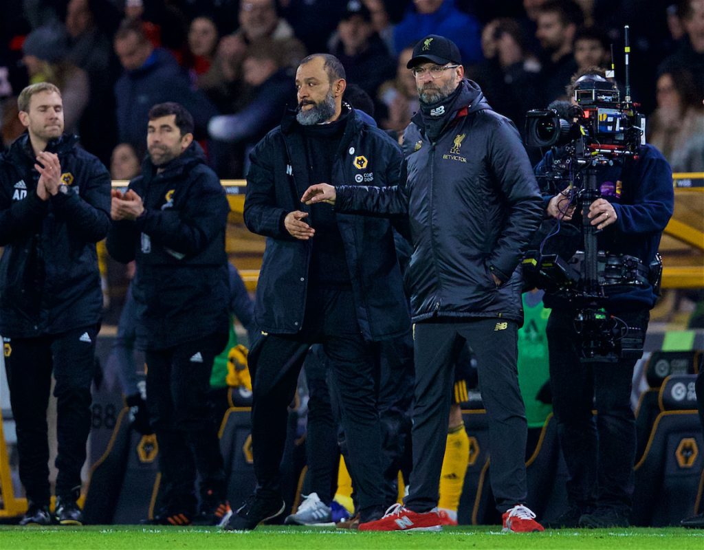 WOLVERHAMPTON, ENGLAND - Monday, January 7, 2019: Liverpool's manager Jürgen Klopp (R) and Wolverhampton Wanderers' head coach Nuno Espírito Santo after the FA Cup 3rd Round match between Wolverhampton Wanderers FC and Liverpool FC at Molineux Stadium. Wolverhampton Wanderers won 2-1. (Pic by David Rawcliffe/Propaganda)