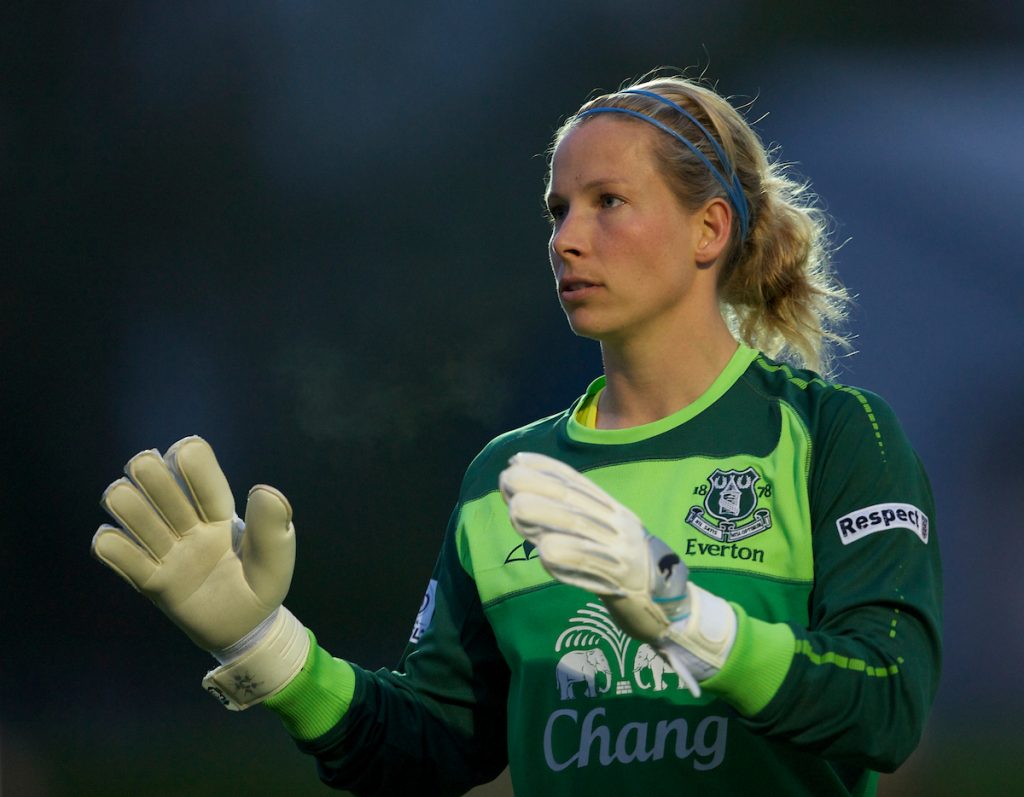 SKELMERSDALE, ENGLAND - Thursday, April 14, 2011: Everton's goalkeeper Rachel Brown in action against Liverpool during the opening FA Women's Super League match at Stoney Corner. (Photo by David Rawcliffe/Propaganda)