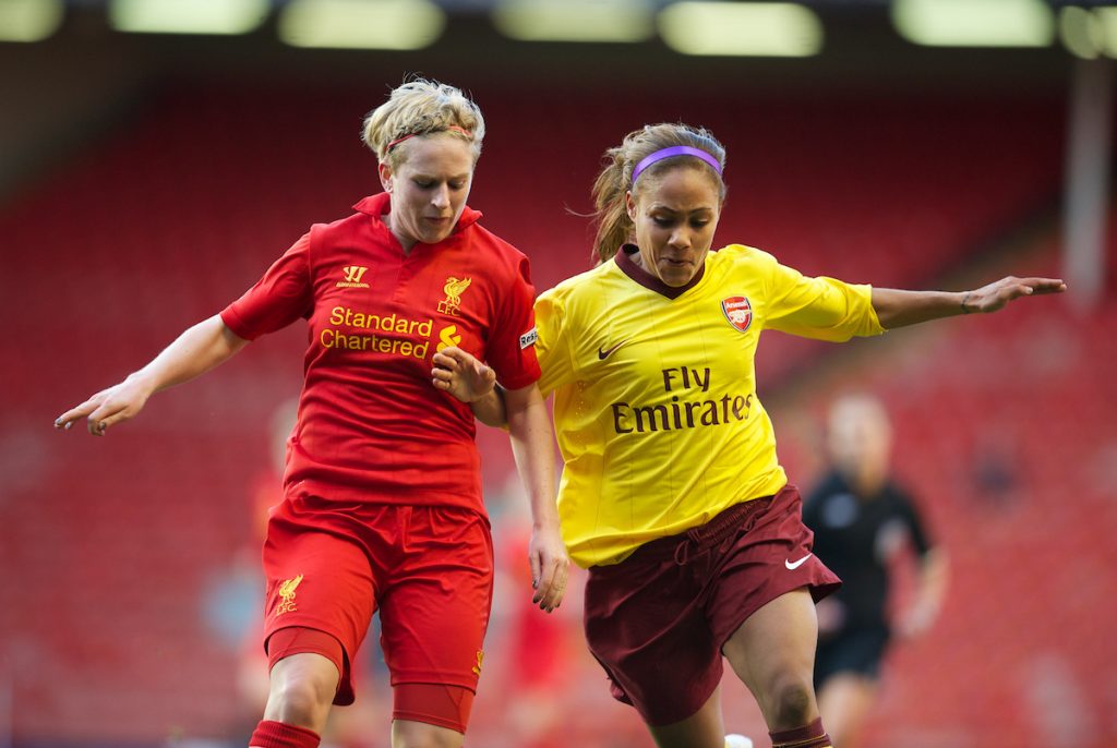 LIVERPOOL, ENGLAND - Friday, April 26, 2013: Liverpool's Natasha Dowie in action against Arsenal's Alex Scott during the FA Women's Cup Semi-Final match at Anfield. (Pic by David Rawcliffe/Propaganda)