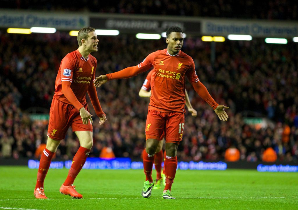 LIVERPOOL, ENGLAND - Wednesday, March 26, 2014: Liverpool's Daniel Sturridge celebrates scoring the second goal against Sunderland with team-mate Jordan Henderson during the Premiership match at Anfield. (Pic by David Rawcliffe/Propaganda)