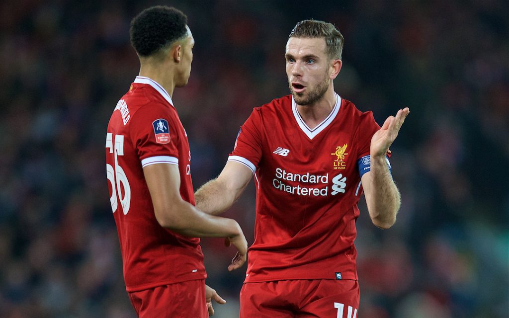 LIVERPOOL, ENGLAND - Sunday, January 14, 2018: Liverpool's captain Jordan Henderson and Trent Alexander-Arnold during the FA Premier League match between Liverpool and Manchester City at Anfield. (Pic by David Rawcliffe/Propaganda)