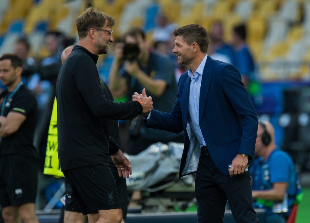 KIEV, UKRAINE - Friday, May 25, 2018: Liverpool’s manager Jurgen Klopp reacts with former players Steven Gerrard during a training session at the NSC Olimpiyskiy ahead of the UEFA Champions League Final match between Real Madrid CF and Liverpool FC. (Pic by Peter Powell/Propaganda)