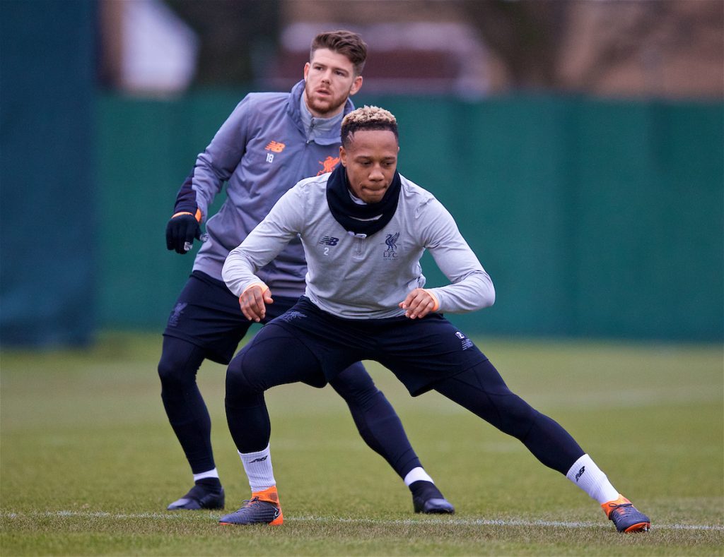 LIVERPOOL, ENGLAND - Monday, March 5, 2018: Liverpool's Alberto Moreno and Nathaniel Clyne during a training session at Melwood ahead of the UEFA Champions League Round of 16 2nd leg match between Liverpool FC and FC Porto. (Pic by Paul Greenwood/Propaganda)