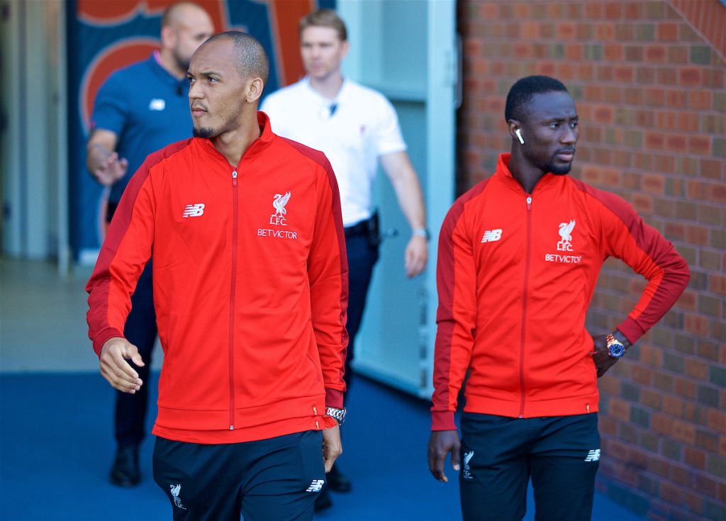 BLACKBURN, ENGLAND - Thursday, July 19, 2018: Liverpool's new signings Fabio Henrique Tavares 'Fabinho' (left) and Naby Keita before a preseason friendly match between Blackburn Rovers FC and Liverpool FC at Ewood Park. (Pic by David Rawcliffe/Propaganda)