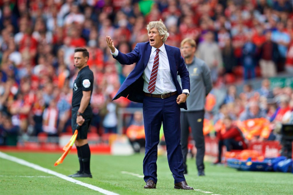 LIVERPOOL, ENGLAND - Sunday, August 12, 2018: West Ham United's manager Manuel Pellegrini during the FA Premier League match between Liverpool FC and West Ham United FC at Anfield. (Pic by David Rawcliffe/Propaganda)