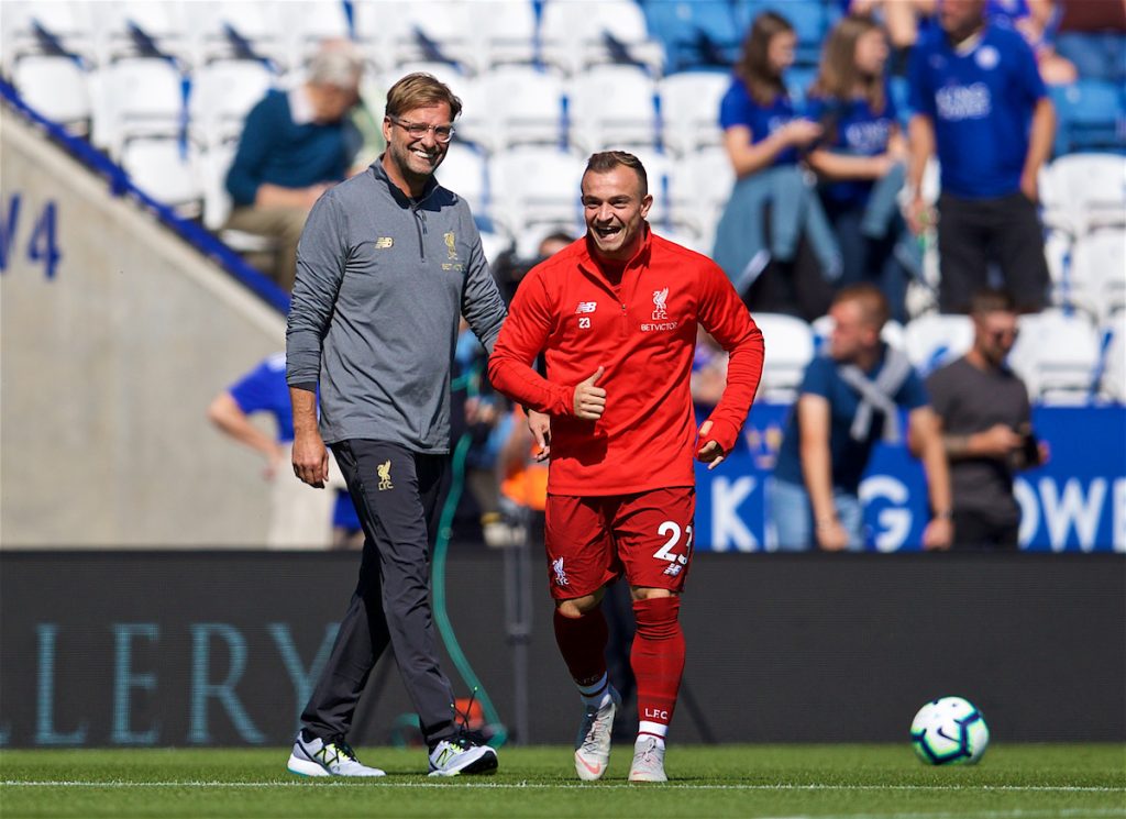 LEICESTER, ENGLAND - Saturday, September 1, 2018: Liverpool's Xherdan Shaqiri and manager Jürgen Klopp before the FA Premier League match between Leicester City and Liverpool at the King Power Stadium. (Pic by David Rawcliffe/Propaganda)