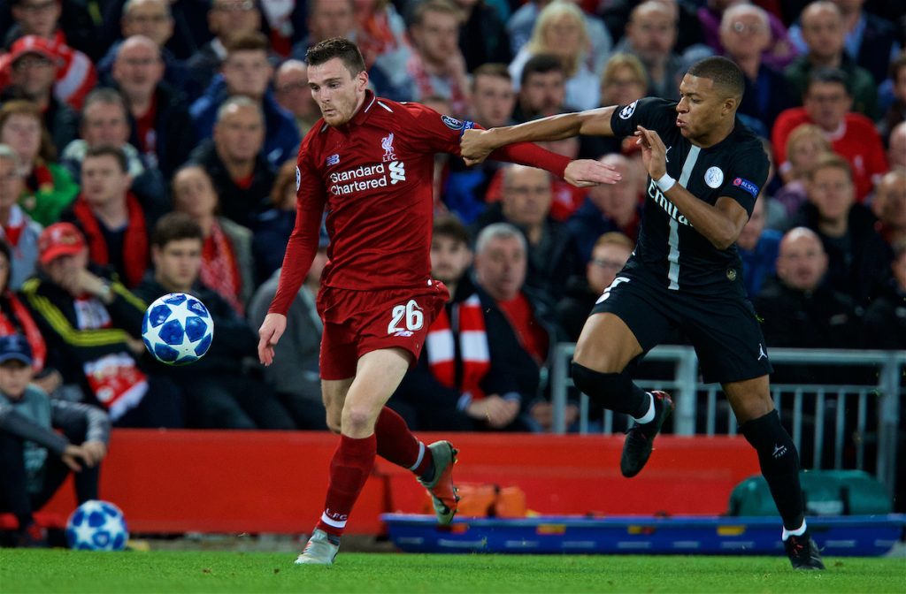 LIVERPOOL, ENGLAND - Tuesday, September 18, 2018: Liverpool's Andy Robertson (L) and Paris Saint-Germain's Kylian Mbappé (R) during the UEFA Champions League Group C match between Liverpool FC and Paris Saint-Germain at Anfield. (Pic by David Rawcliffe/Propaganda)