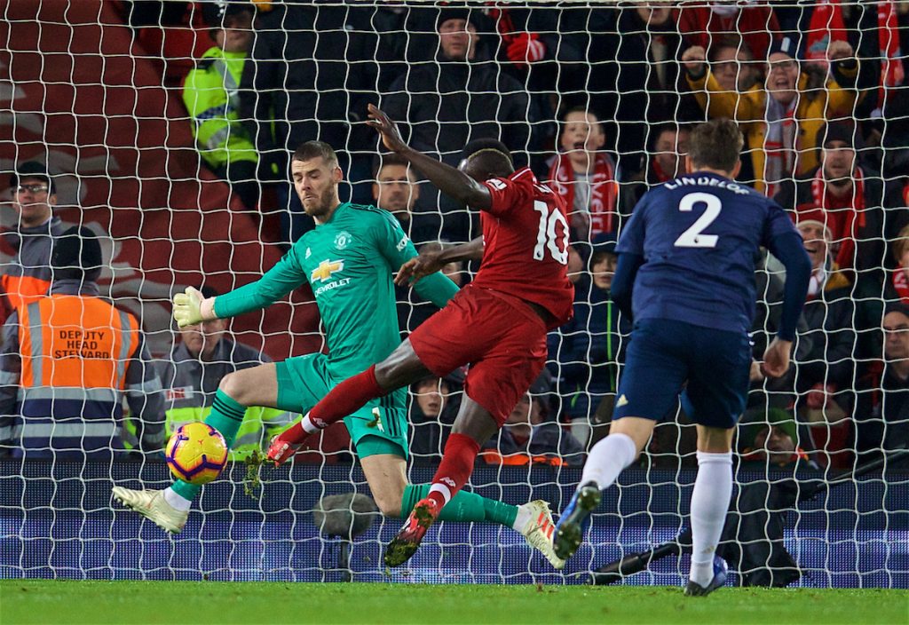 LIVERPOOL, ENGLAND - Sunday, December 16, 2018: Liverpool's Sadio Mane scores the first goal past Manchester United's goalkeeper David de Gea during the FA Premier League match between Liverpool FC and Manchester United FC at Anfield. Liverpool won 3-1. (Pic by David Rawcliffe/Propaganda)