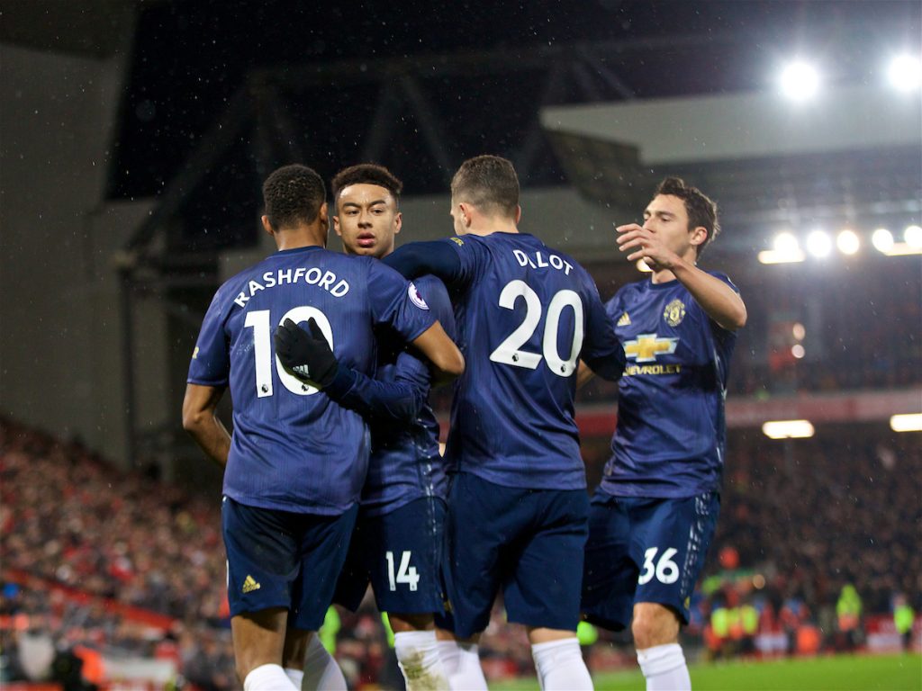 LIVERPOOL, ENGLAND - Sunday, December 16, 2018: Manchester United's Jesse Lingard celebrates scoring the first equalising goal to level the score 1-1 during the FA Premier League match between Liverpool FC and Manchester United FC at Anfield. (Pic by David Rawcliffe/Propaganda)