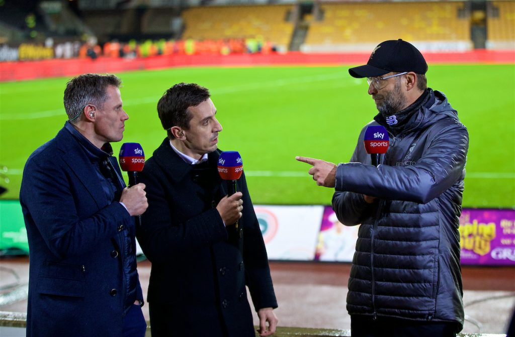 WOLVERHAMPTON, ENGLAND - Friday, December 21, 2018: Liverpool's manager Jürgen Klopp gives a post-match interview to Sky Sports pundits Jamie Carragher (L) and Gary Neville (C) after the FA Premier League match between Wolverhampton Wanderers FC and Liverpool FC at Molineux Stadium. Liverpool won 2-0. (Pic by David Rawcliffe/Propaganda)