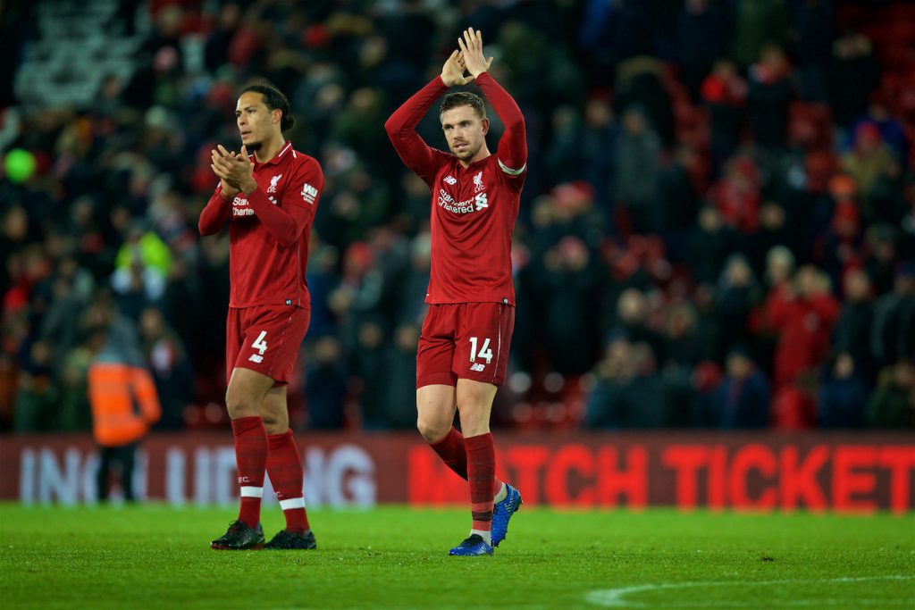 LIVERPOOL, ENGLAND - Wednesday, January 30, 2019: Liverpool's captain Jordan Henderson (R) and Virgil van Dijk after the 1-1 draw during the FA Premier League match between Liverpool FC and Leicester City FC at Anfield. (Pic by David Rawcliffe/Propaganda)