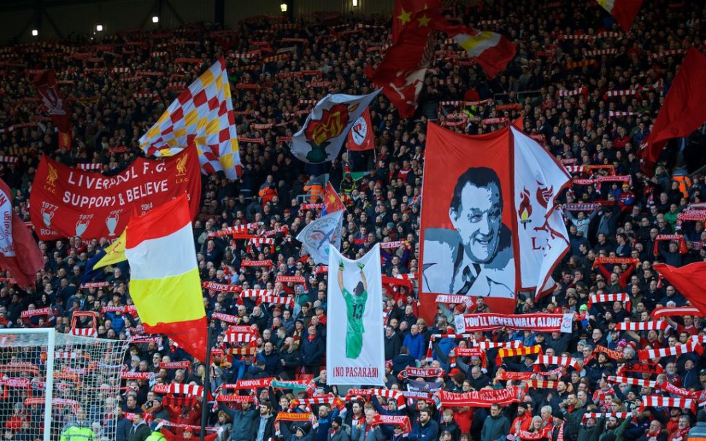 LIVERPOOL, ENGLAND - Saturday, February 9, 2019: Liverpool supporters on the Spion Kop before the FA Premier League match between Liverpool FC and AFC Bournemouth at Anfield. (Pic by David Rawcliffe/Propaganda)