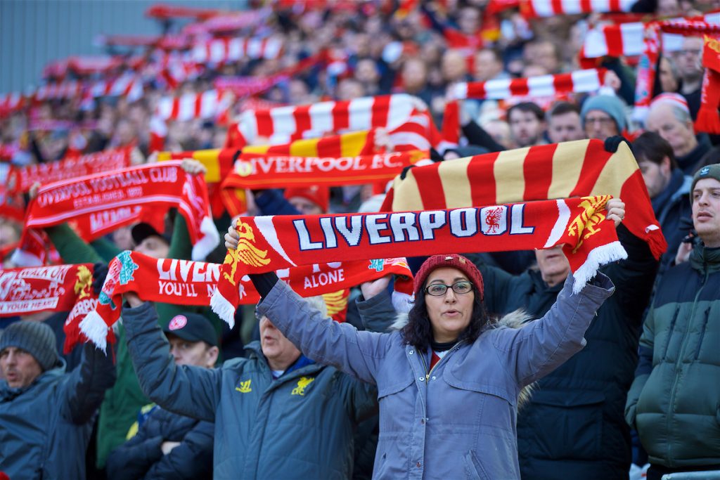 LIVERPOOL, ENGLAND - Saturday, February 9, 2019: A Liverpool supporters hold up a scarves and sing "You'll Never Walk Alone" before the FA Premier League match between Liverpool FC and AFC Bournemouth at Anfield. (Pic by David Rawcliffe/Propaganda)