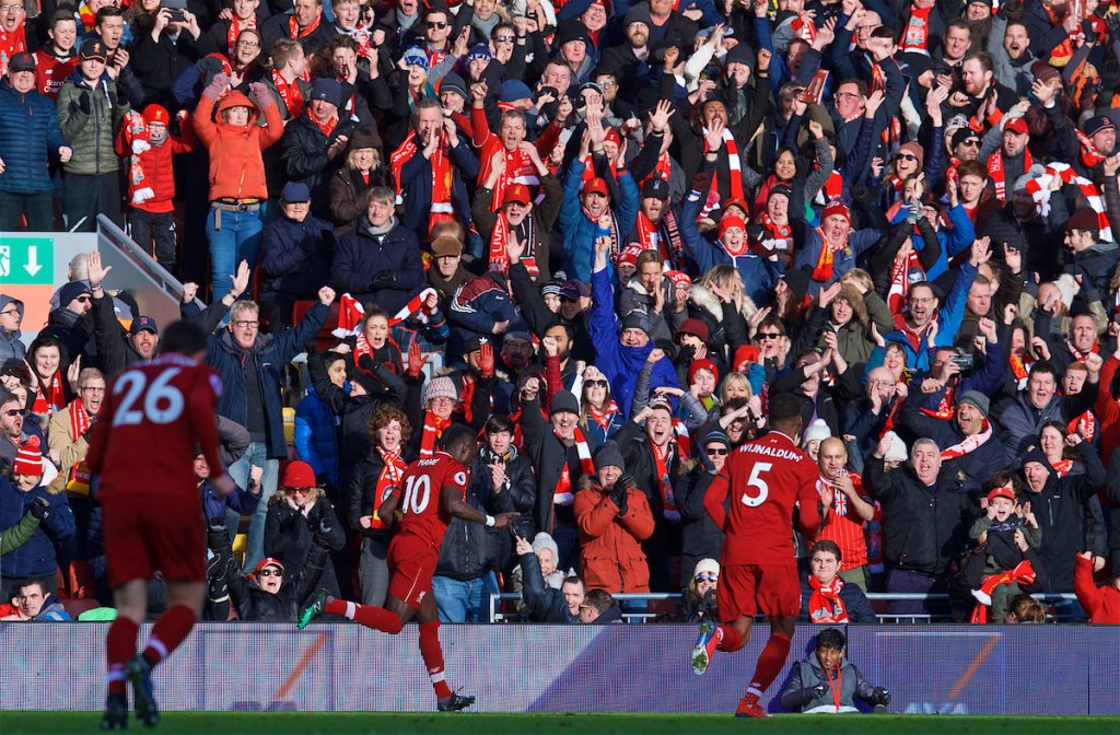 LIVERPOOL, ENGLAND - Saturday, February 9, 2019: Liverpool's Sadio Mane celebrates with supporters after scoring the first goal during the FA Premier League match between Liverpool FC and AFC Bournemouth at Anfield. (Pic by David Rawcliffe/Propaganda)