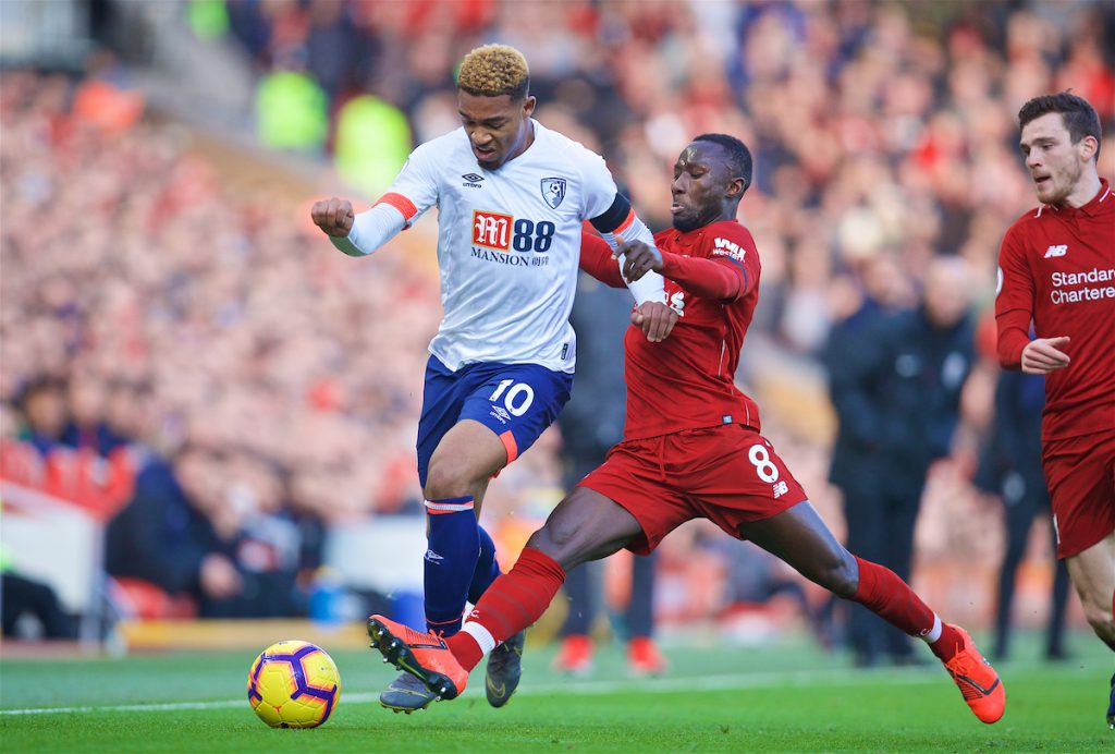 LIVERPOOL, ENGLAND - Saturday, February 9, 2019: AFC Bournemouth's Jordon Ibe (L) is tackled by Liverpool's Naby Keita during the FA Premier League match between Liverpool FC and AFC Bournemouth at Anfield. (Pic by David Rawcliffe/Propaganda)