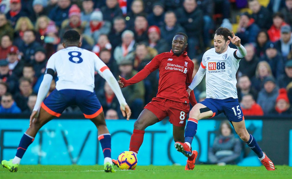 LIVERPOOL, ENGLAND - Saturday, February 9, 2019: Liverpool's Naby Keita is tackled by AFC Bournemouth's Adam Smith during the FA Premier League match between Liverpool FC and AFC Bournemouth at Anfield. (Pic by David Rawcliffe/Propaganda)