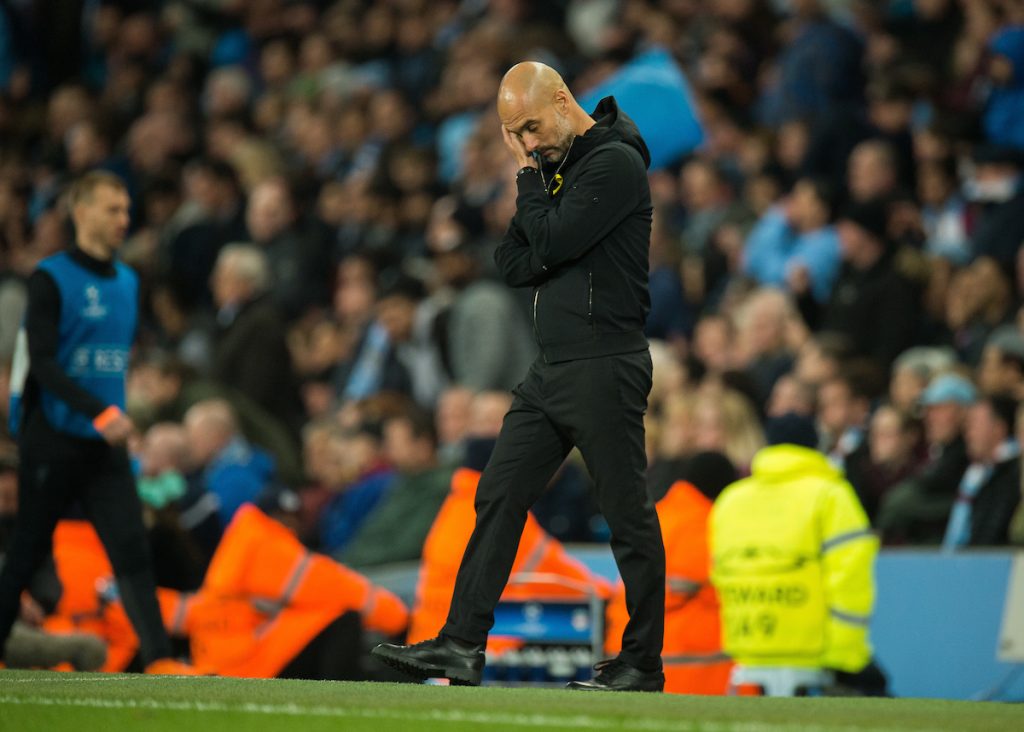 MANCHESTER, ENGLAND - Tuesday, April 10, 2018: Pep Guardiola manager of Manchester City reacts during the UEFA Champions League Quarter-Final 2nd Leg match between Manchester City FC and Liverpool FC at the City of Manchester Stadium. (Pic by Peter Powell/Propaganda)