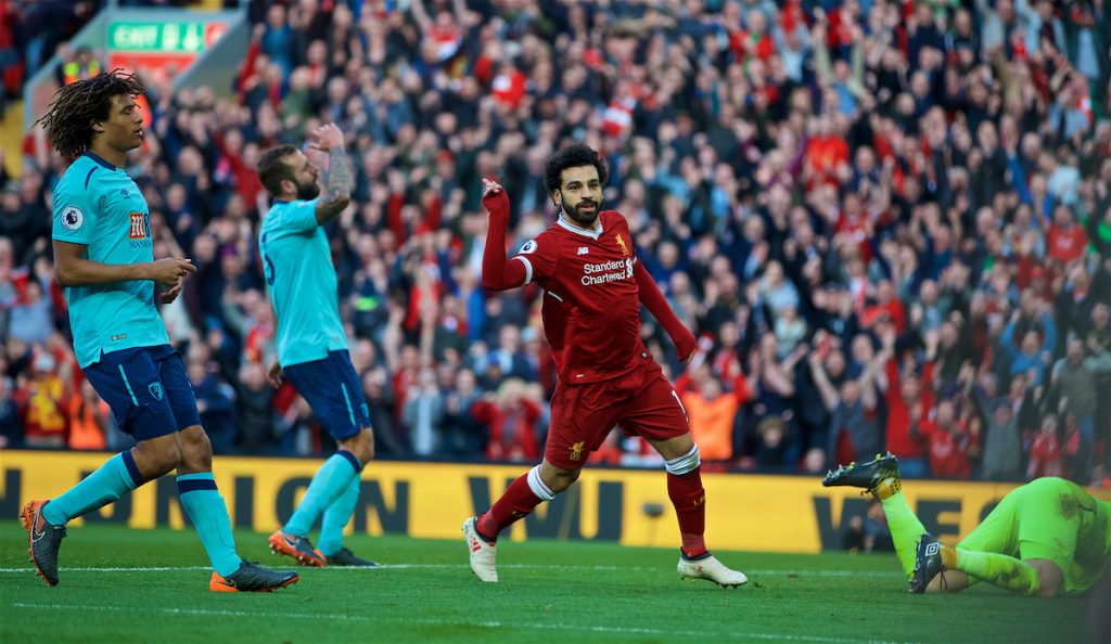 LIVERPOOL, ENGLAND - Saturday, April 14, 2018: Liverpool's Mohamed Salah celebrates scoring the second goal during the FA Premier League match between Liverpool FC and AFC Bournemouth at Anfield. (Pic by Laura Malkin/Propaganda)